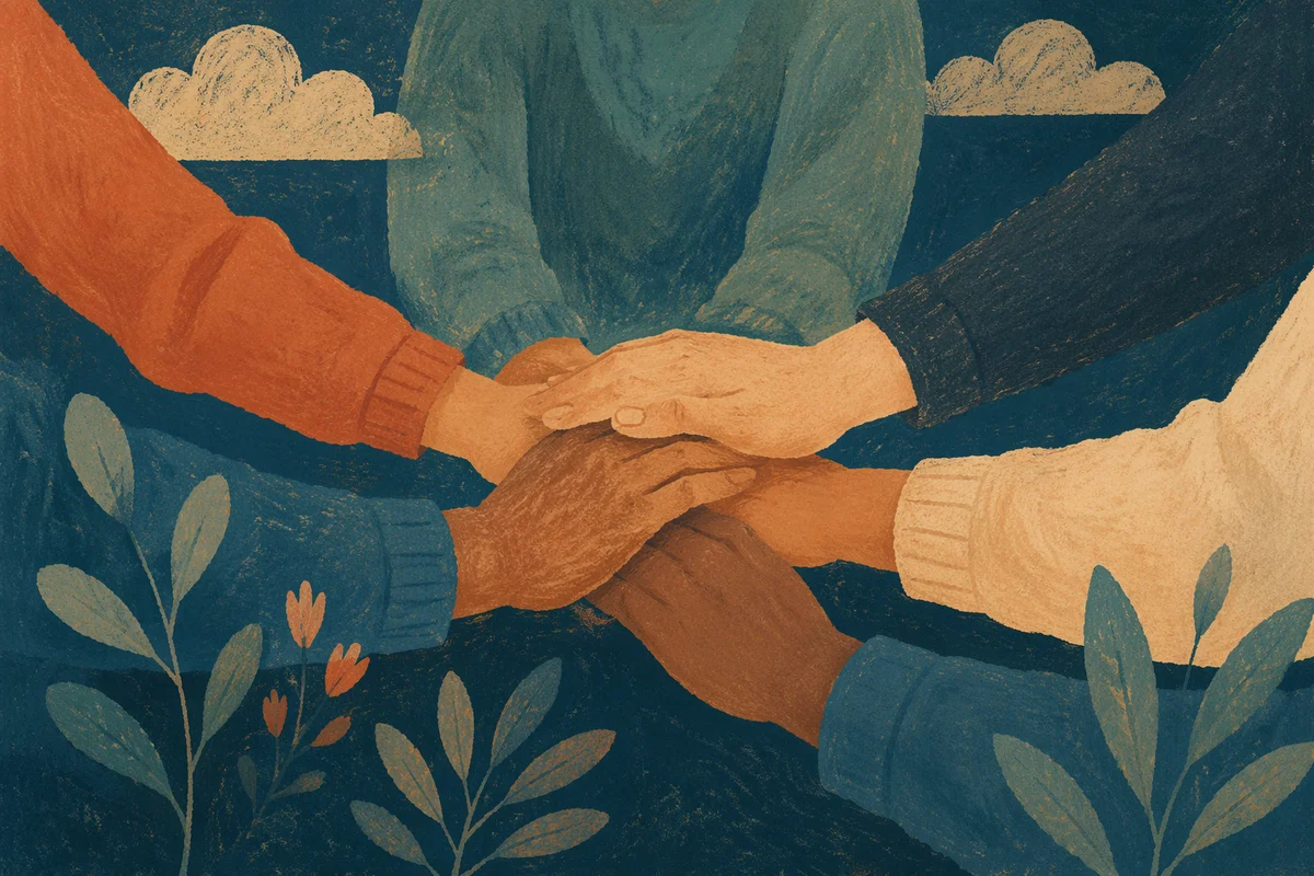Prayer Group Hands United in Warm Light