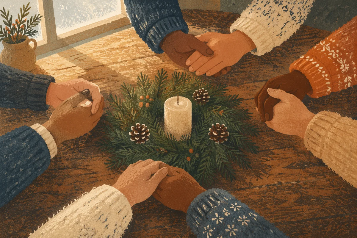 Prayer Circle Hands Around Evergreen Wreath