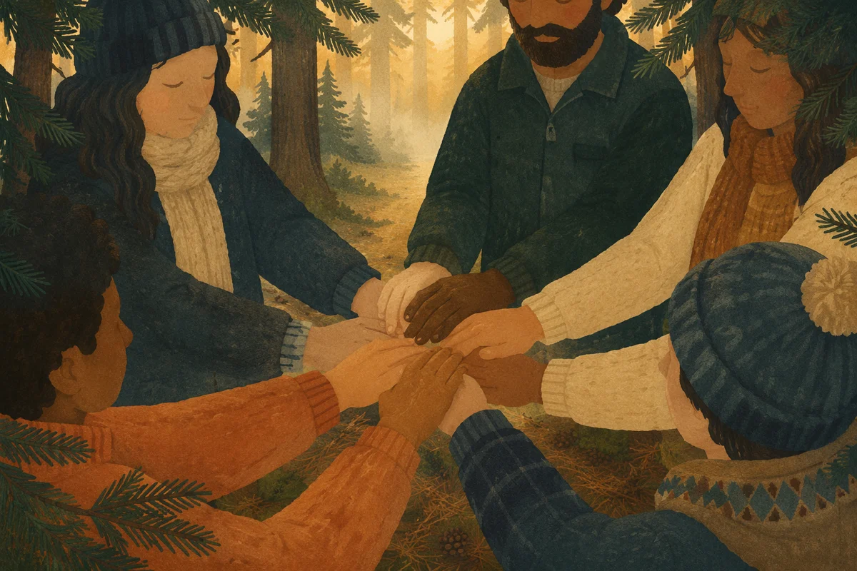 Prayer Circle Hands in Evergreen Forest