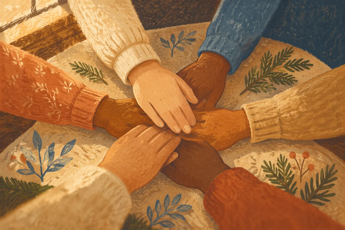 Prayer Group Hands with Evergreen Sprigs