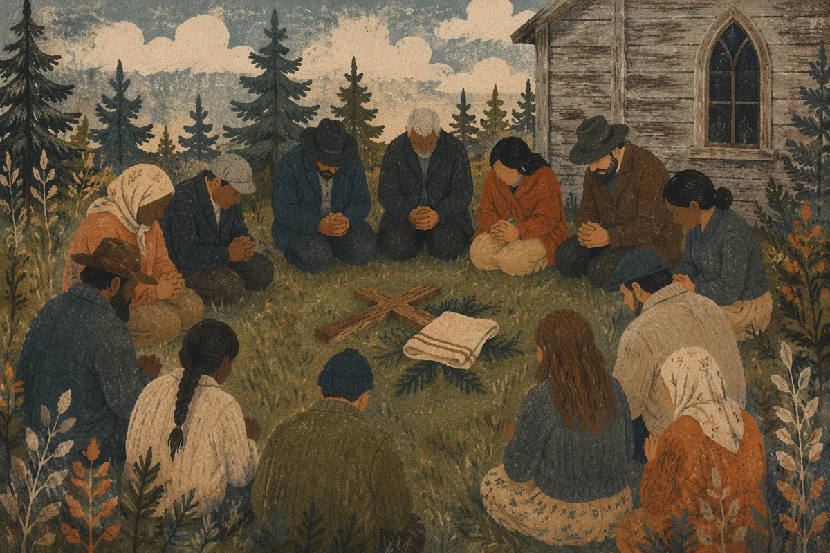 Evergreen Grove Prayer Circle with Joined Hands