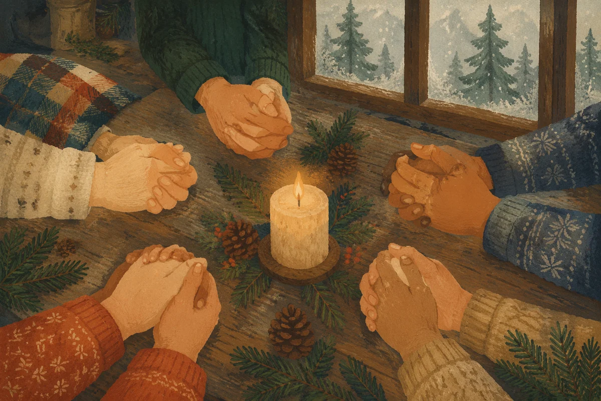 Prayer Group Hands Around Evergreen Candle