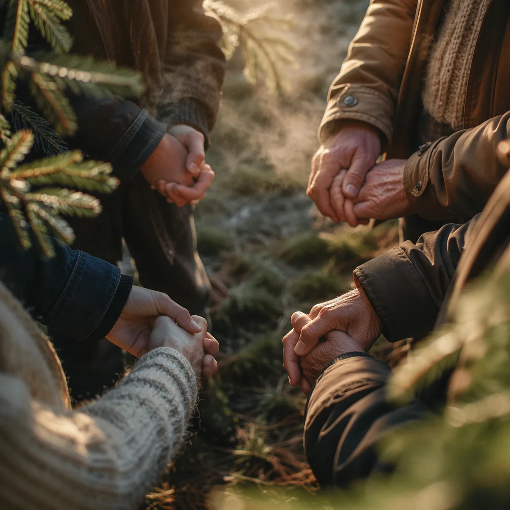 Prayer Group Hands Beneath Evergreen Trees