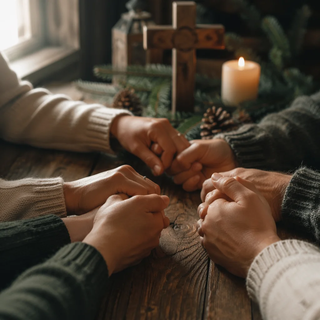Prayer Group Hands Around Rustic Cross