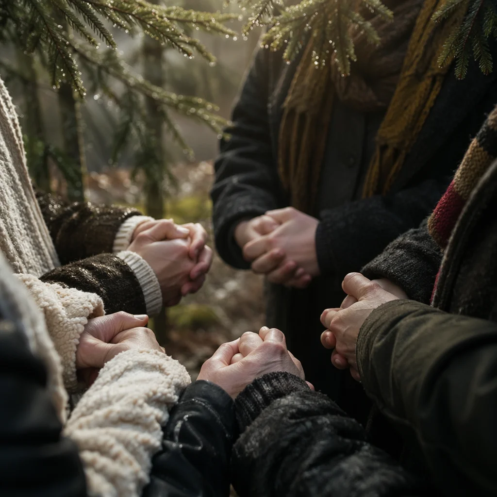 Prayer Circle Hands in Misty Evergreen Grove