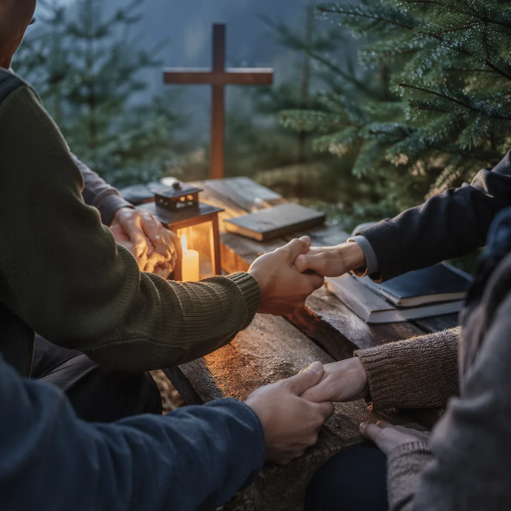 Prayer Group Hands in Evergreen Dawn
