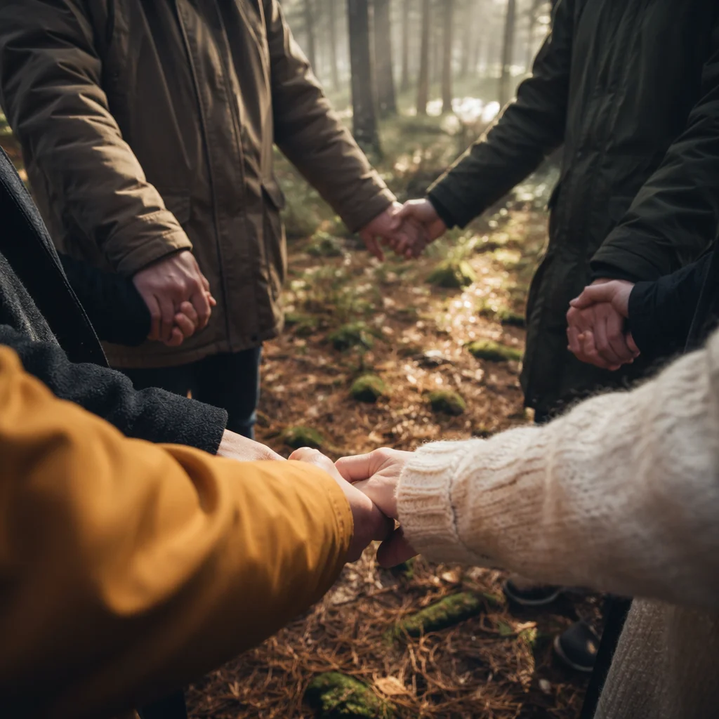 Prayer Group Hands in Evergreen Forest