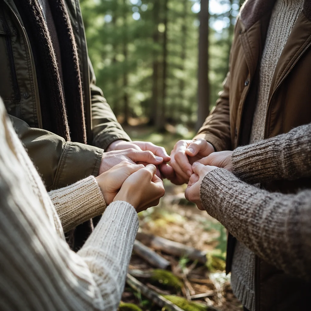 Prayer Group Hands in Evergreen Forest
