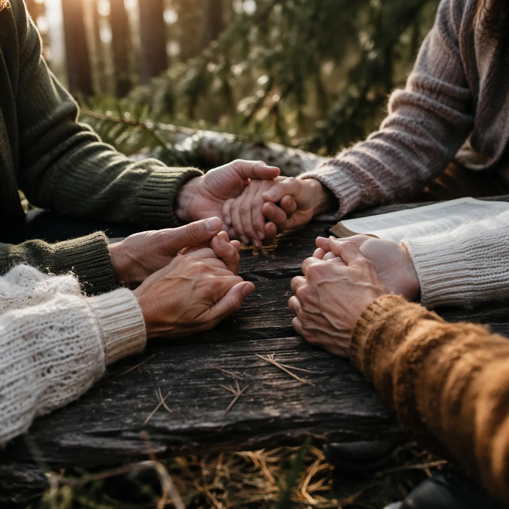 Prayer Group Hands Joined Under Evergreens