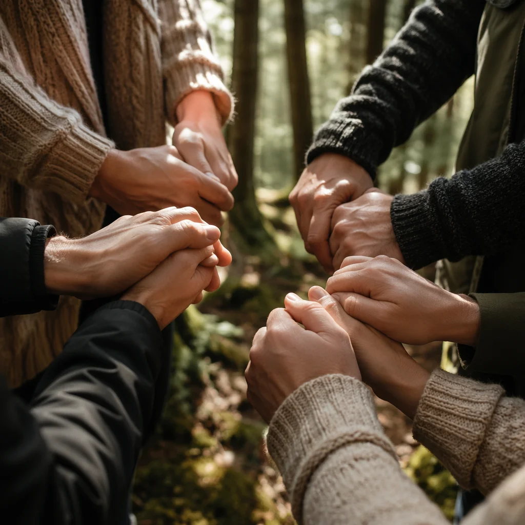 Prayer Group Hands in Evergreen Forest