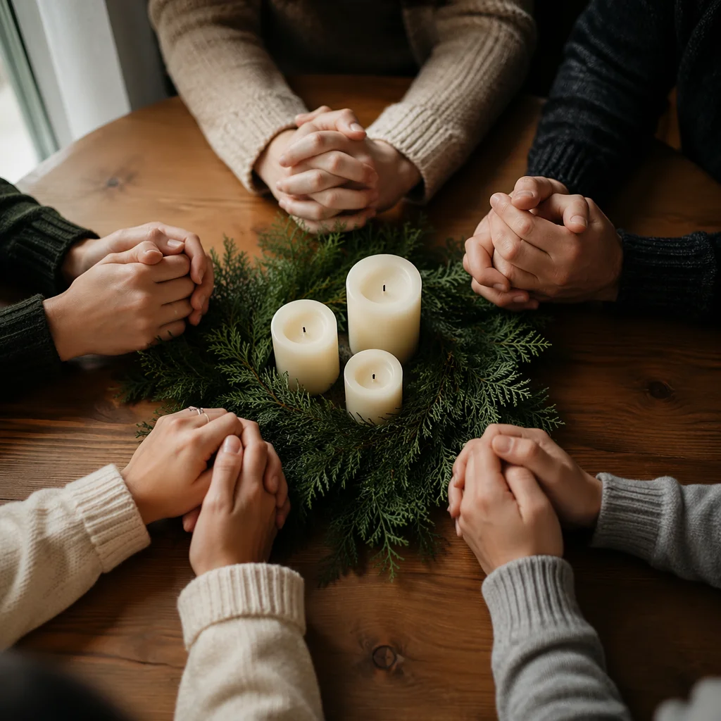 Prayer Group Hands Around Evergreen Table