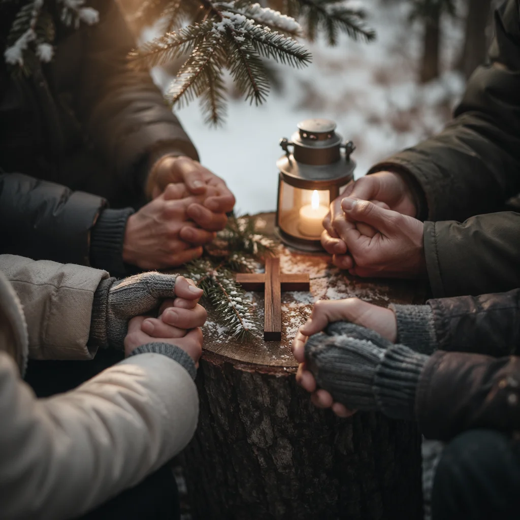 Prayer Circle Hands Beneath Evergreen Branches