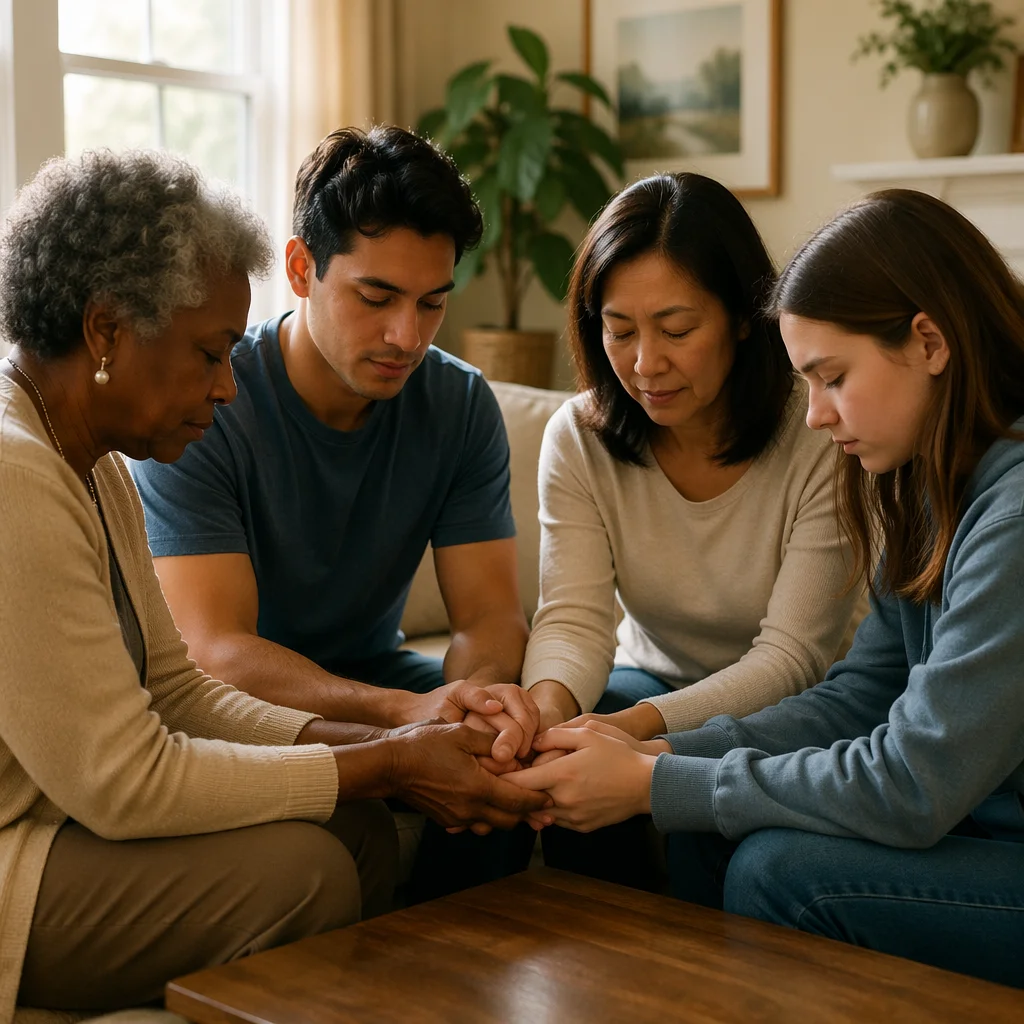 Diverse Prayer Group Holding Hands at Home
