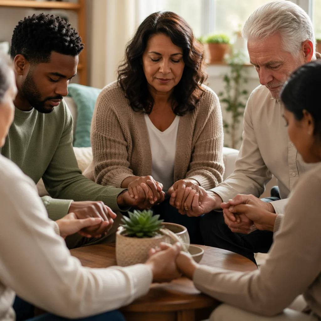 Intergenerational Prayer Circle in Bright Living Room