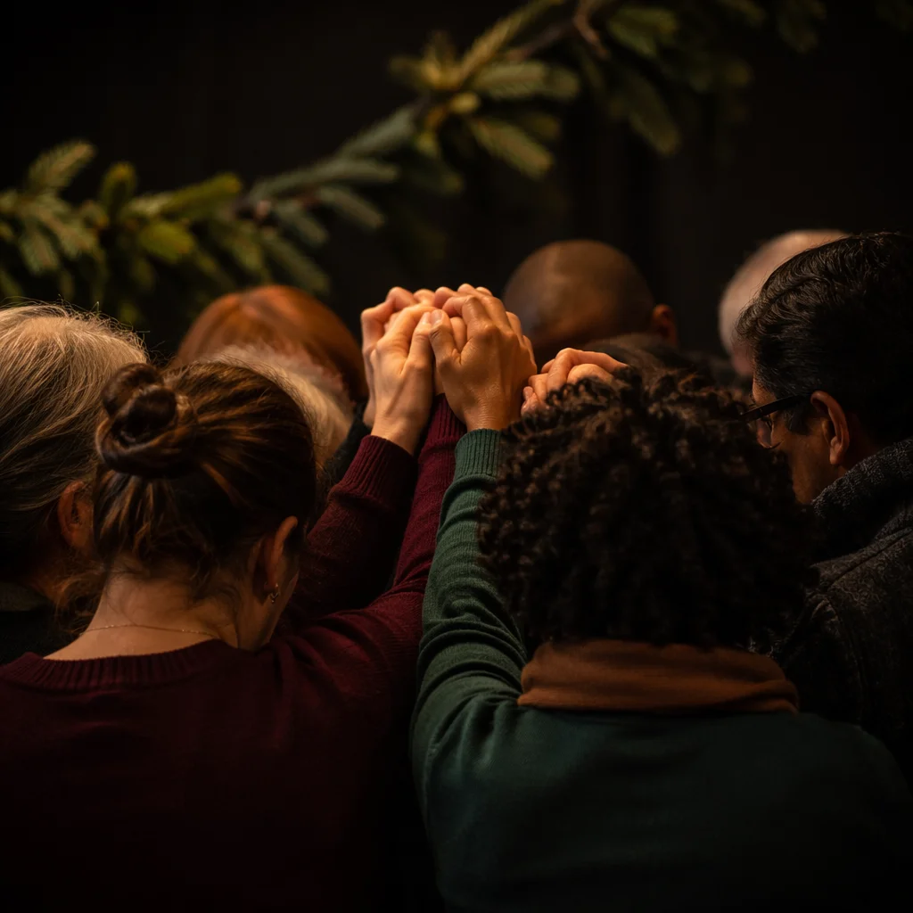 Diverse Prayer Group Hands Joined in Sanctuary