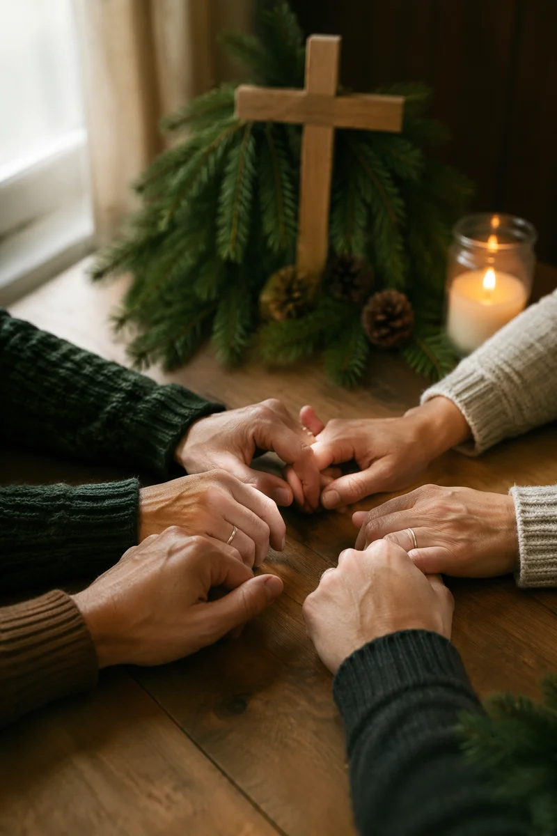 Prayer Group Hands Around Wooden Cross