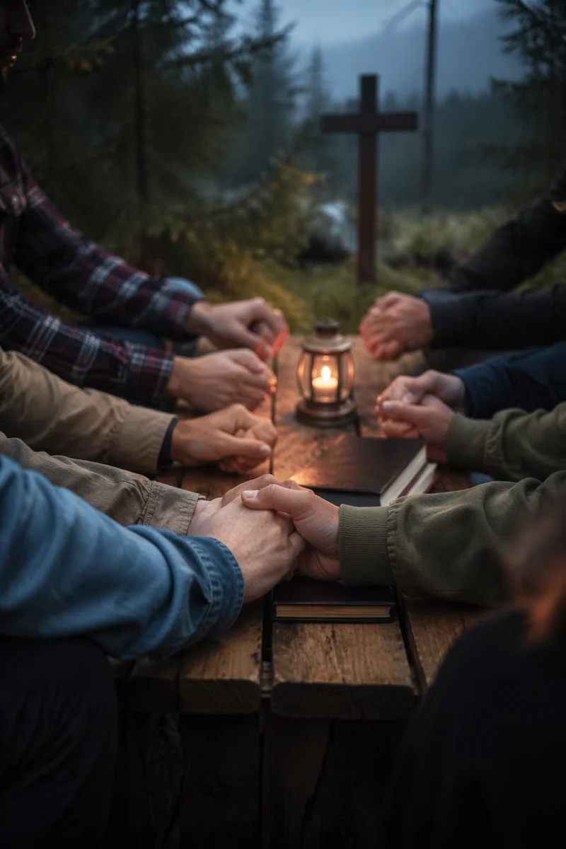 Prayer Group Hands in Evergreen Dawn
