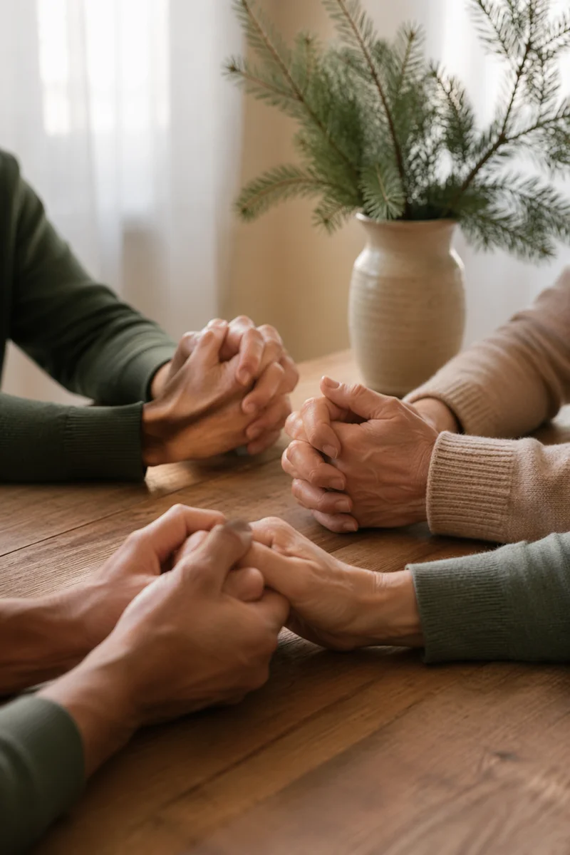 Prayer Group Hands Joined at Wooden Table