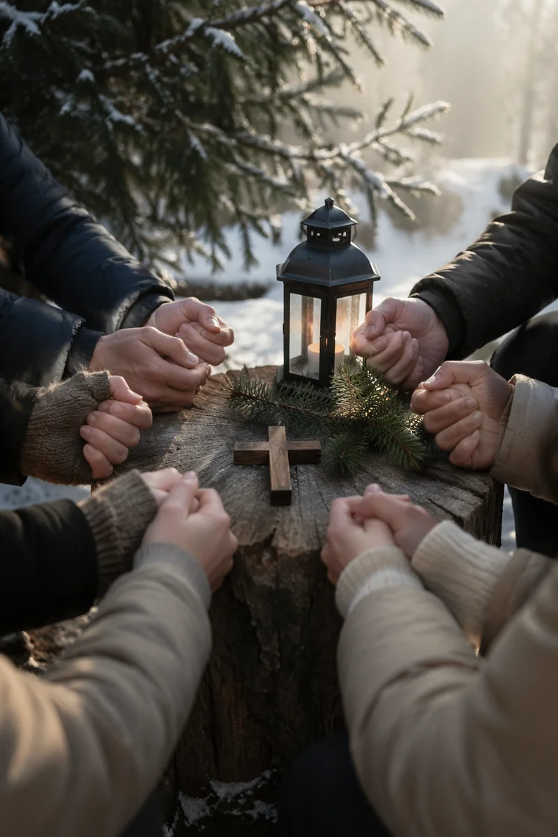 Evergreen Prayer Circle with Wooden Cross