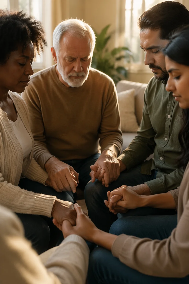 Intergenerational Prayer Circle in Sunlit Living Room
