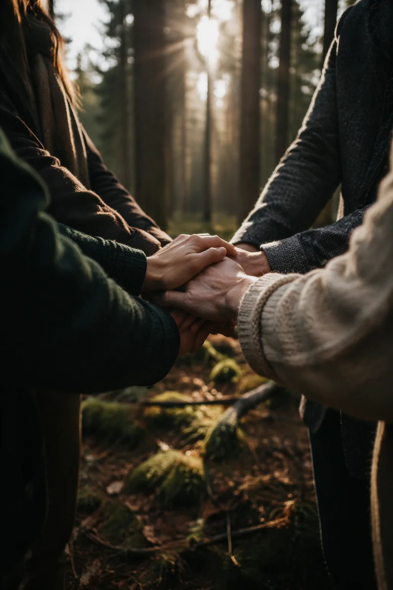Prayer Group Hands Joined in Evergreen Forest