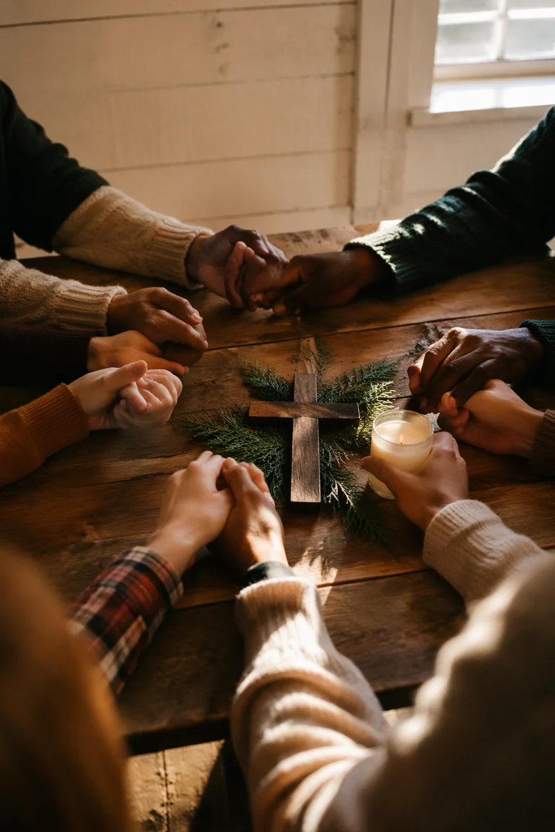Prayer Circle Hands Around Wooden Cross