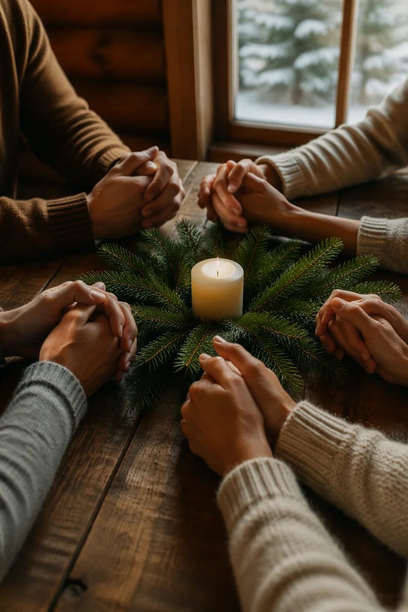 Prayer Group Hands Around Evergreen Candle