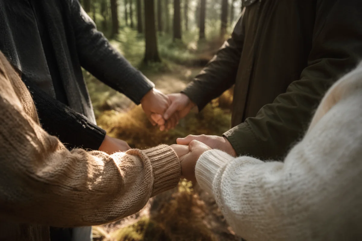 Prayer Group Hands in Evergreen Forest