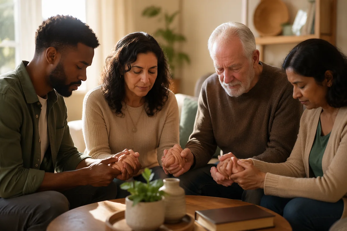 Intergenerational Prayer Group in Bright Living Room