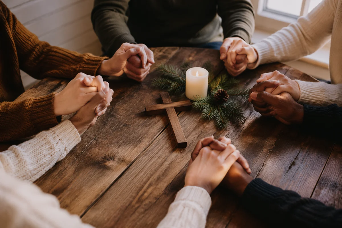 Prayer Group Hands Around Wooden Cross