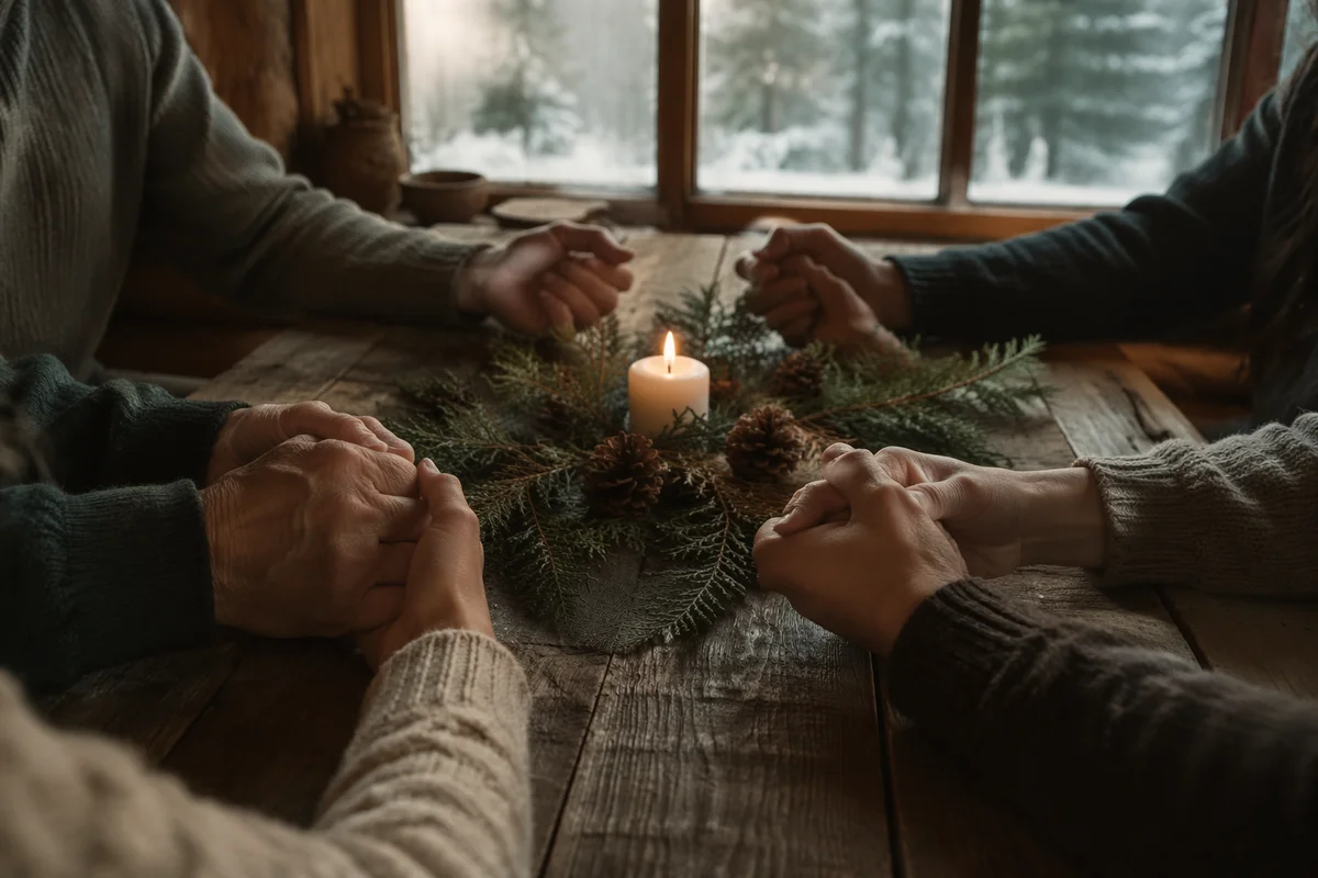 Prayer Group Hands Around Evergreen Table