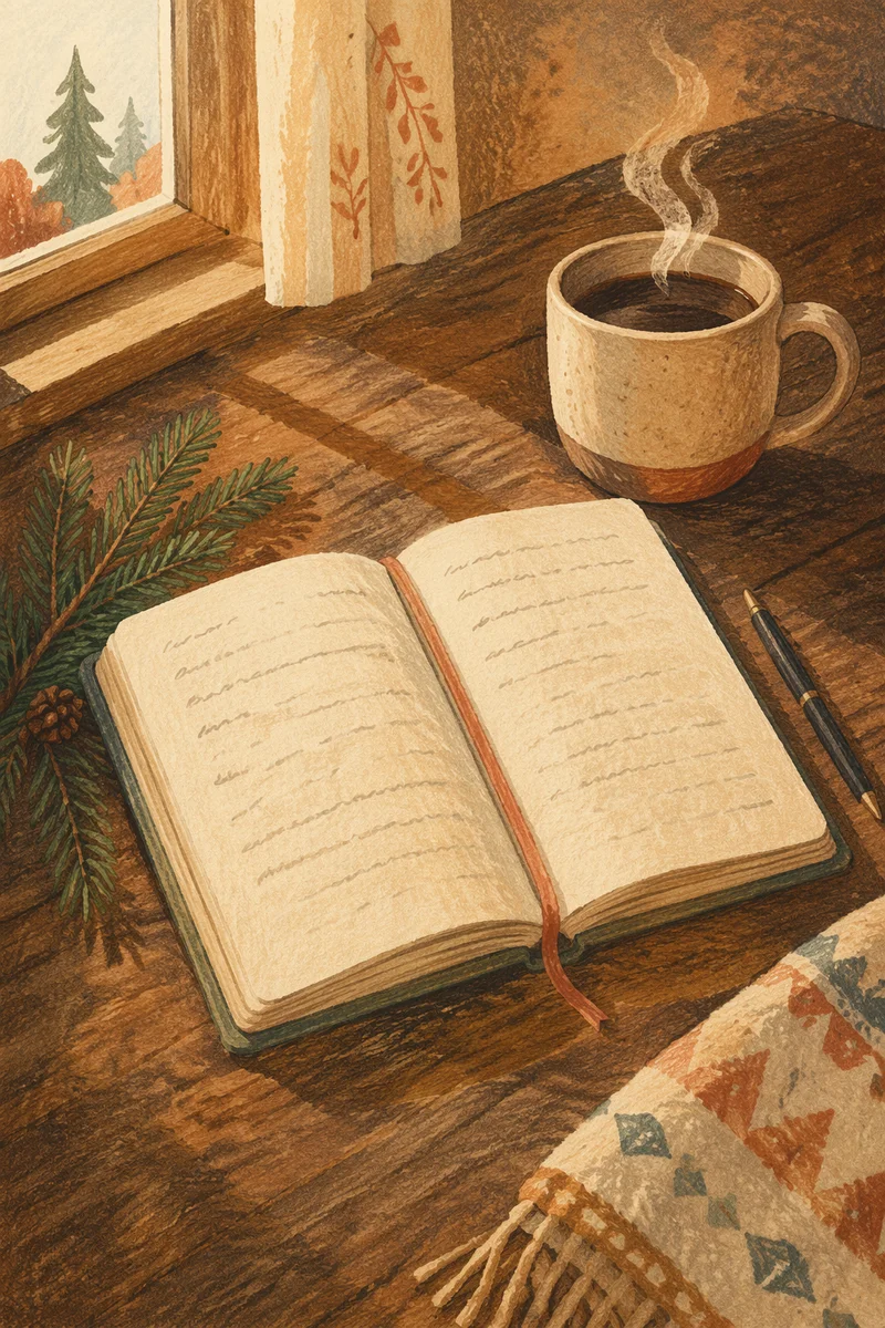 Morning Prayer Journal with Coffee and Evergreens