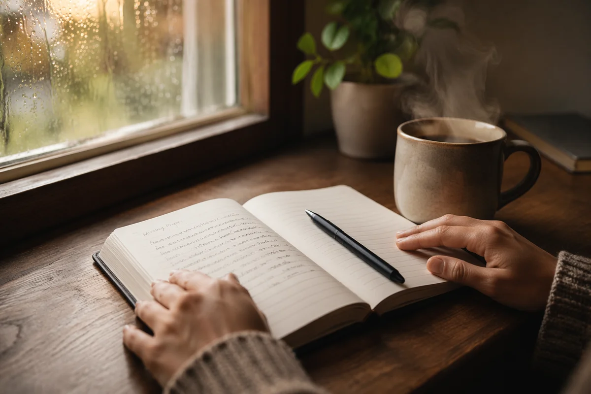 Open Journal and Coffee by Window