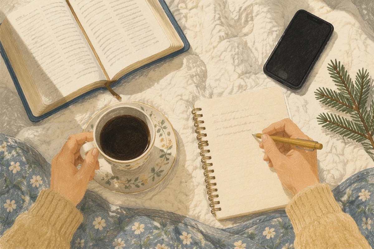 Morning Prayer Journal with Coffee and Evergreen