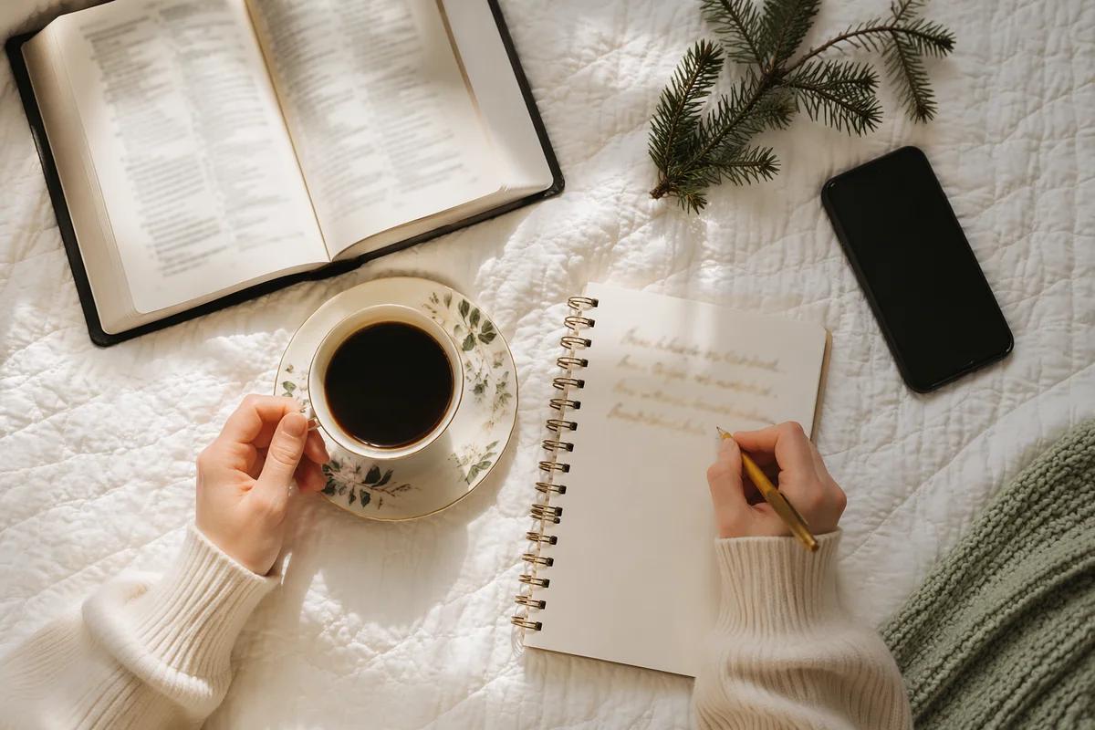 Morning Prayer Journal with Coffee and Evergreen