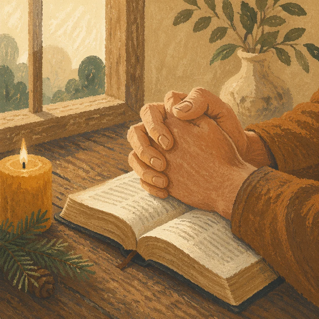 Praying Hands Over Bible with Evergreen Sprigs