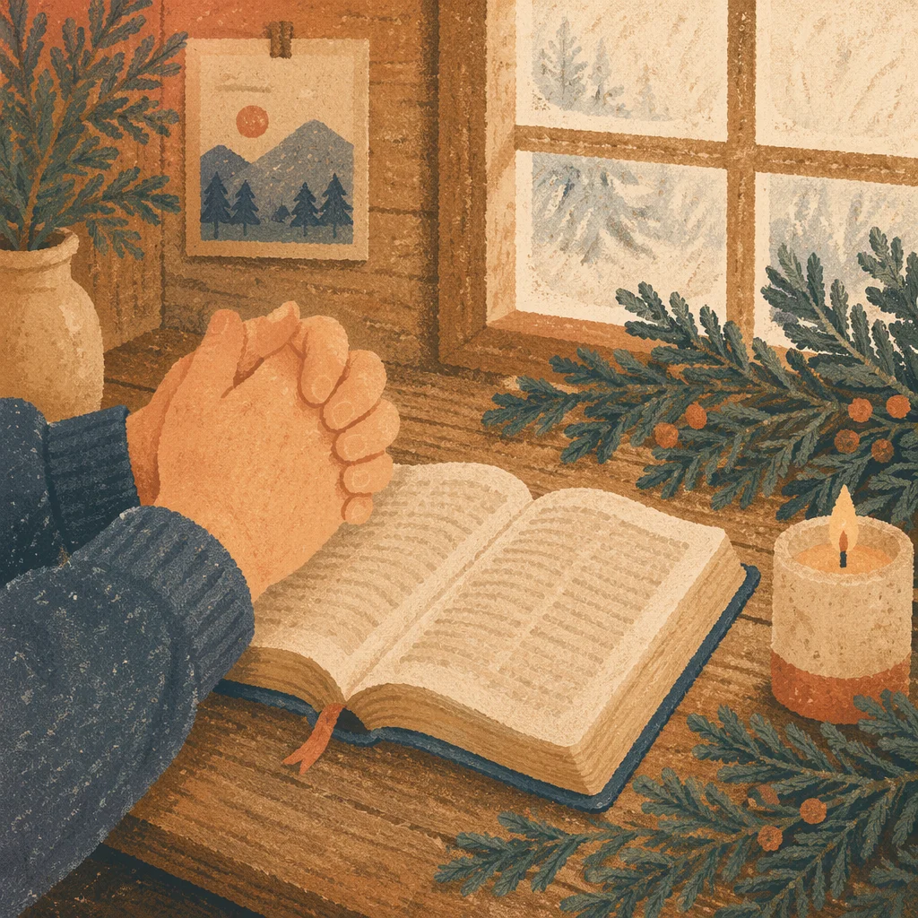 Praying Hands Beside Bible and Evergreens