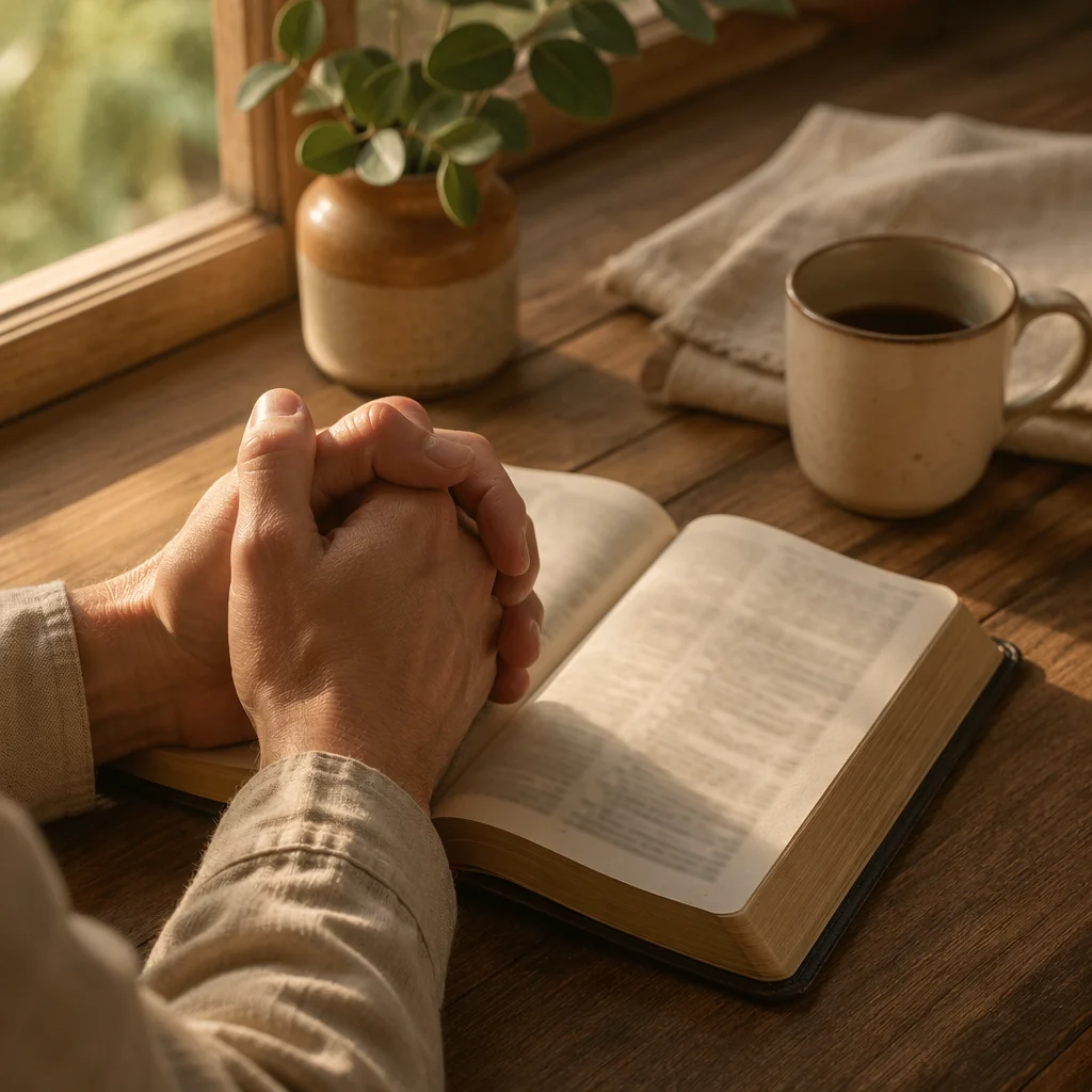 Praying Hands Over Open Bible