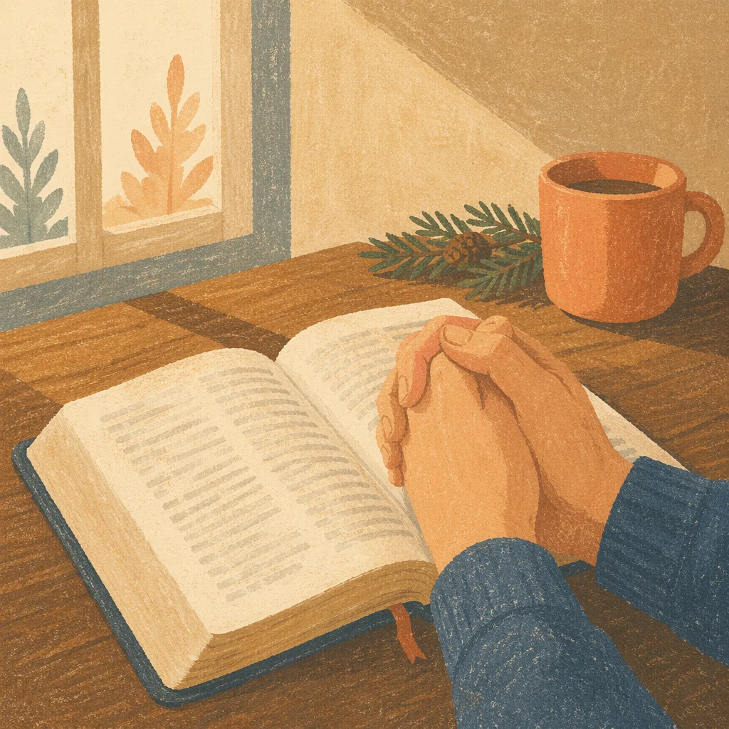 Praying Hands Over Open Bible With Evergreen