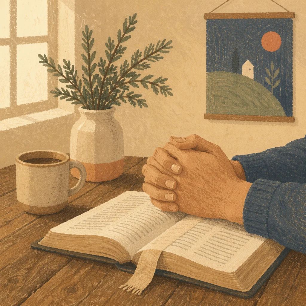 Praying Hands Above Open Bible Devotion