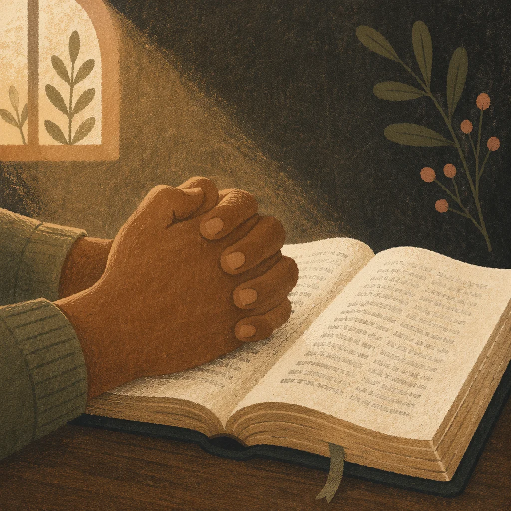 Praying Hands Resting on Open Bible