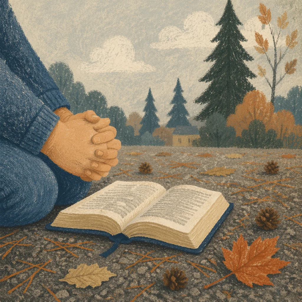 Praying Hands Beside Bible on Evergreen Path