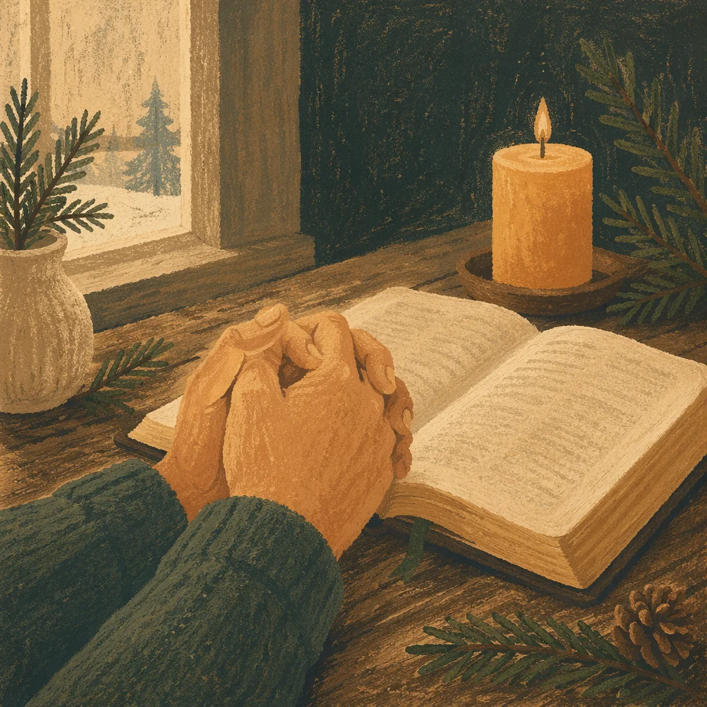 Praying Hands Beside Bible and Evergreen
