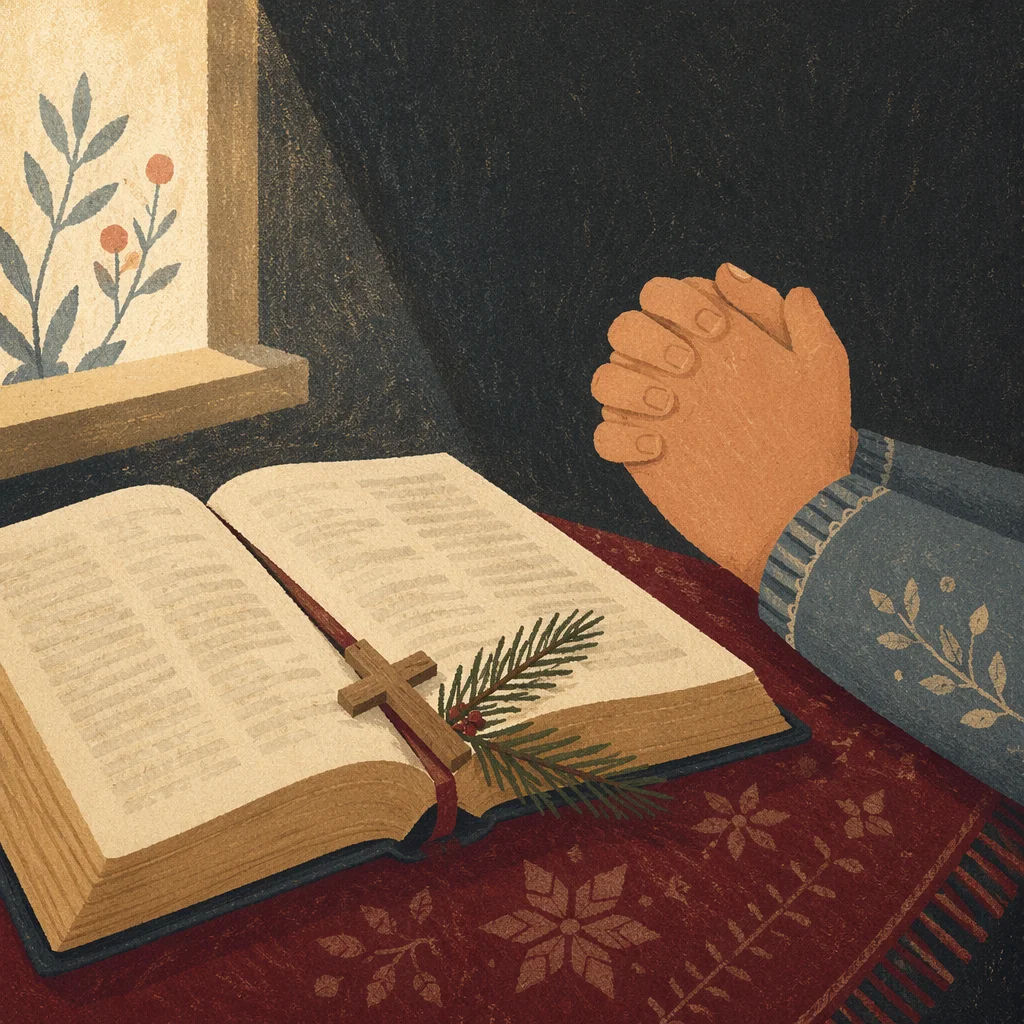 Praying Hands Beside Bible and Evergreen