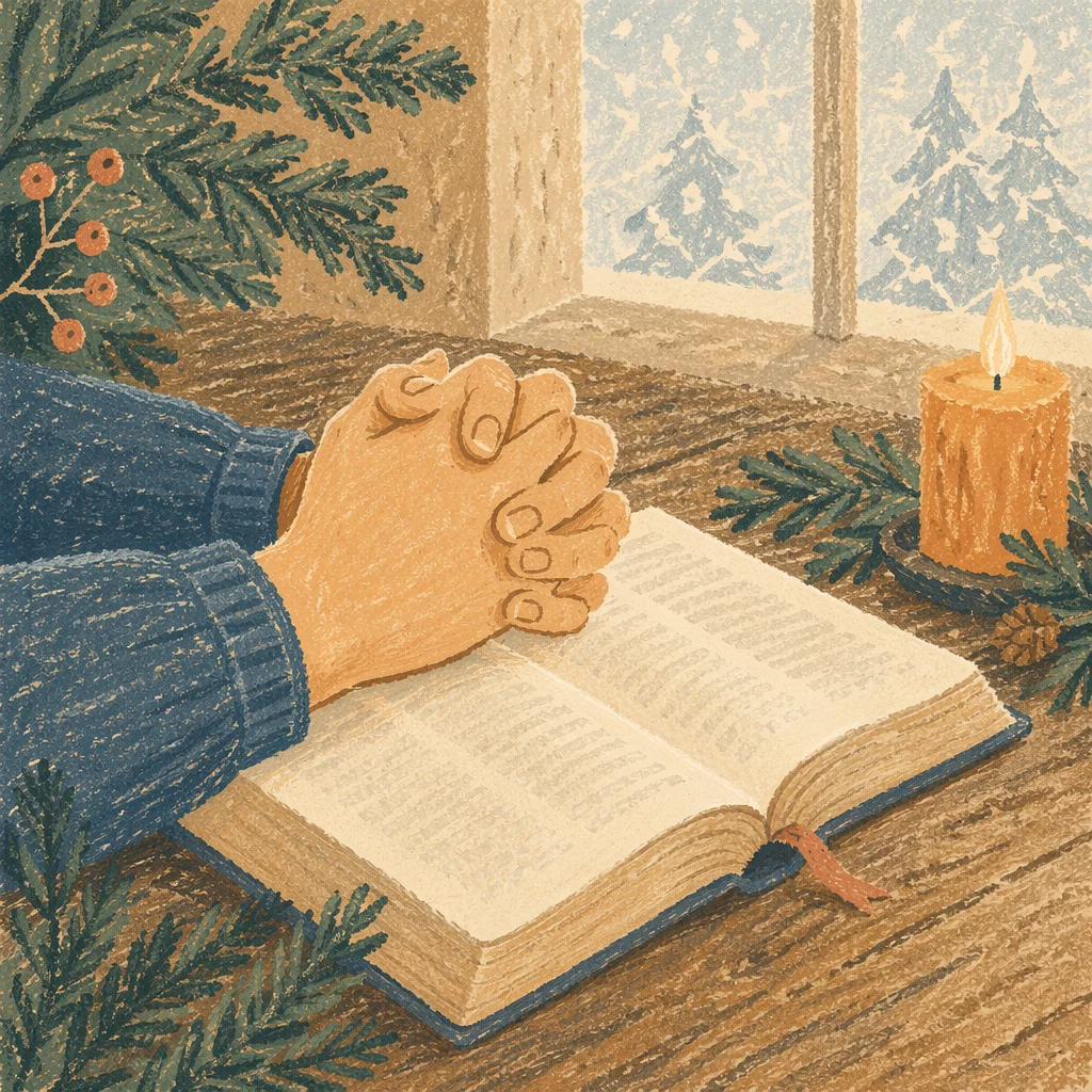 Praying Hands Over Bible With Evergreen Candle