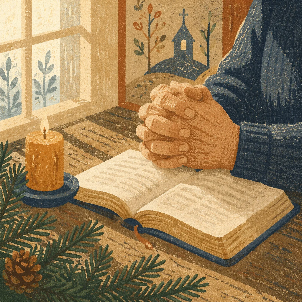 Praying Hands on Bible with Evergreen
