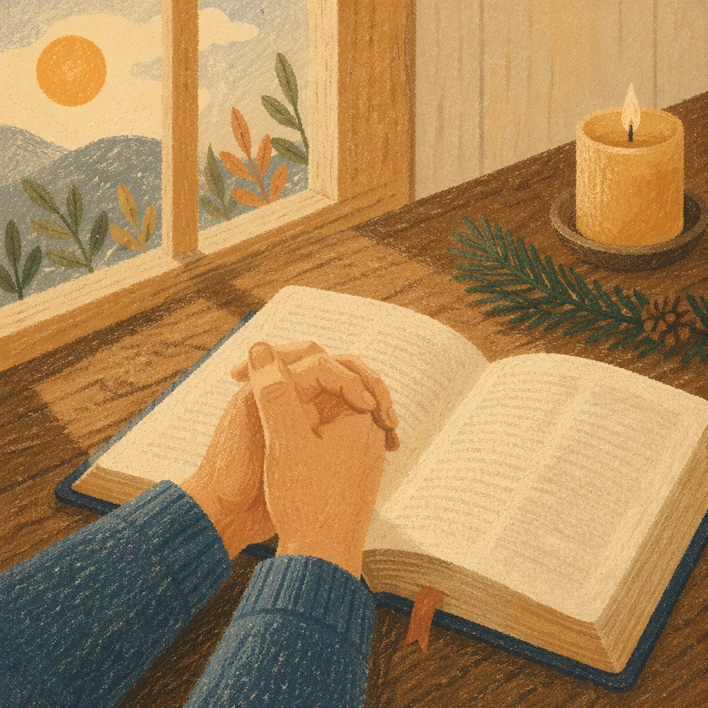 Praying Hands Beside Open Bible