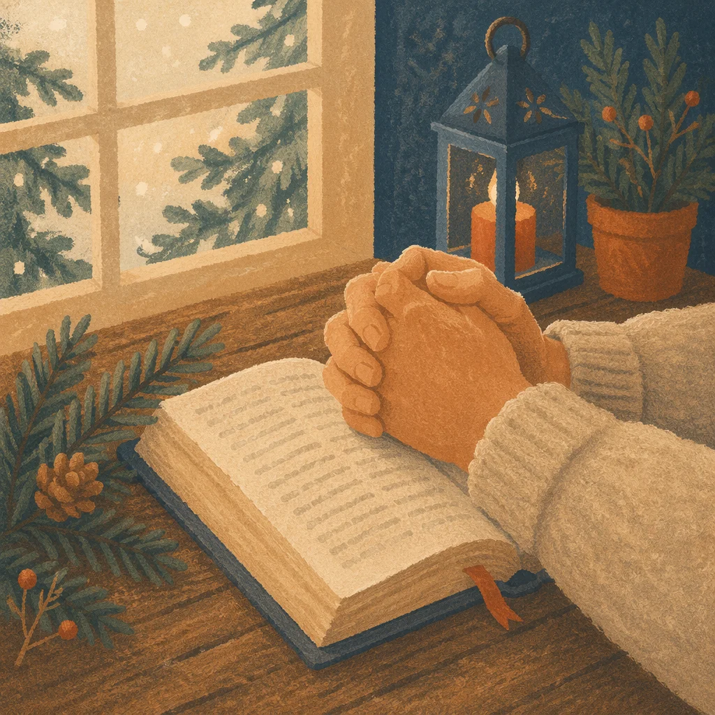 Praying Hands on Bible with Evergreen Sprig