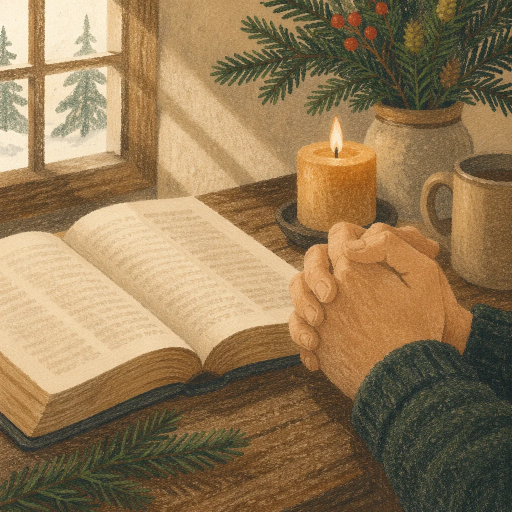 Praying Hands Beside Bible and Evergreen