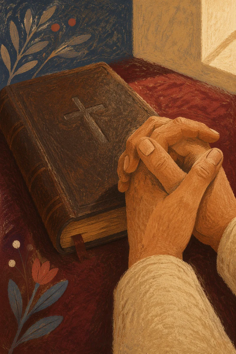 Praying Hands Beside Leather Bible